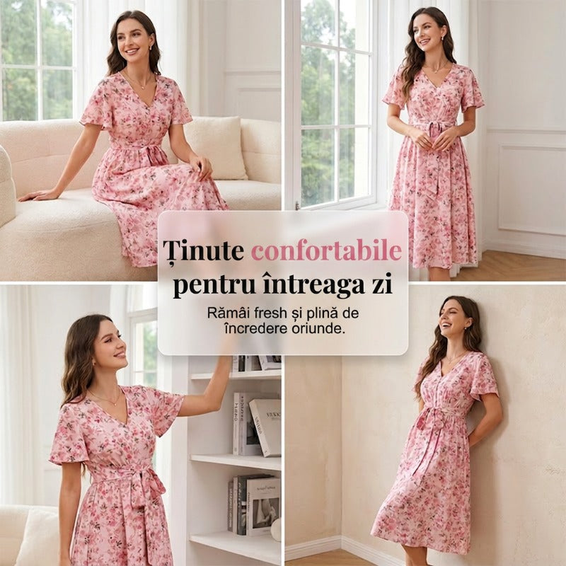 👗🌸 V-neck floral maxi dress with ruffle sleeves and belt