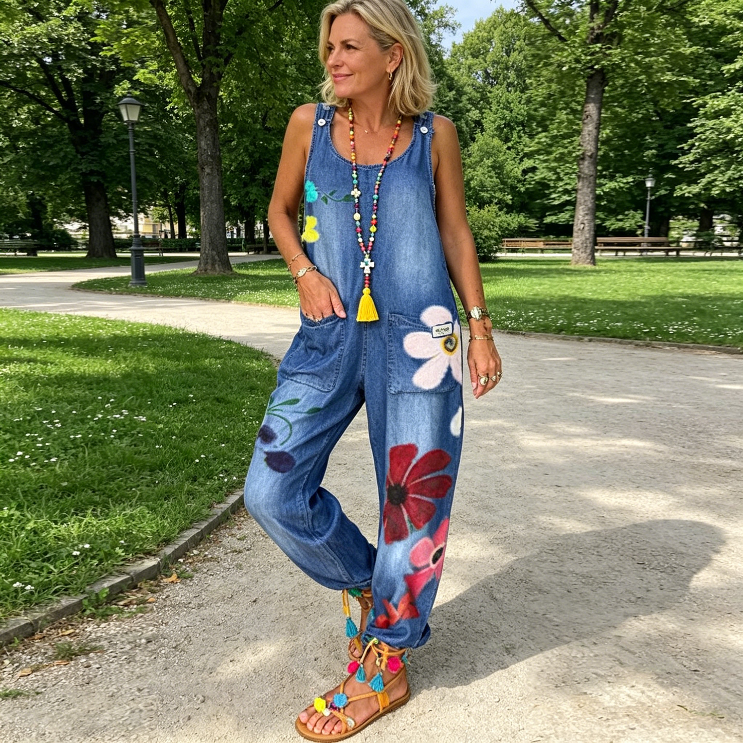 Women's Casual Floral Print Denim Jumpsuit