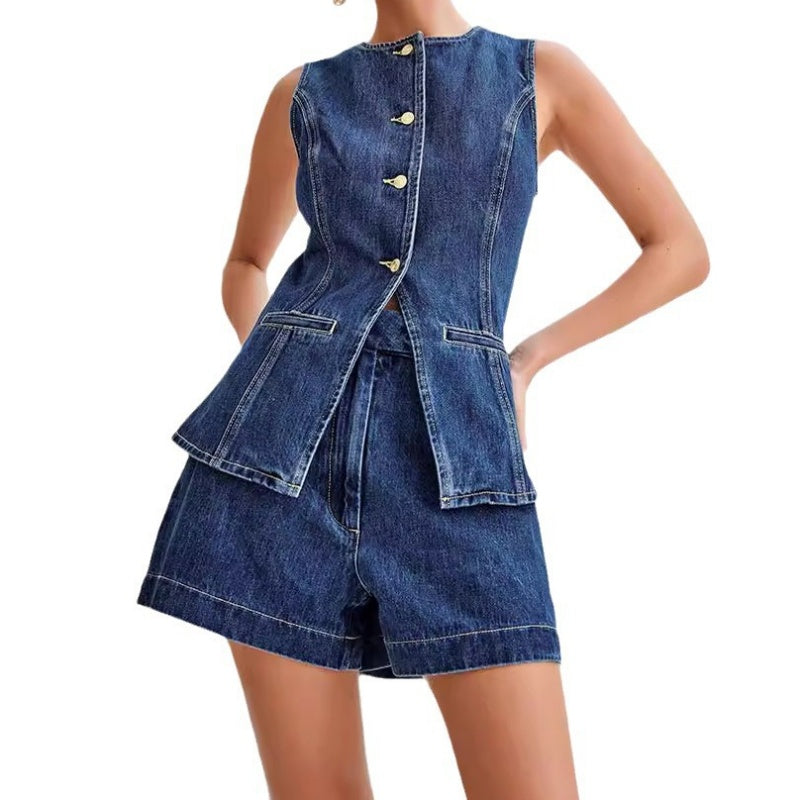 💕HOT SALE – Sold individually💕 Casual two-piece denim set for women: Sleeveless top & shorts