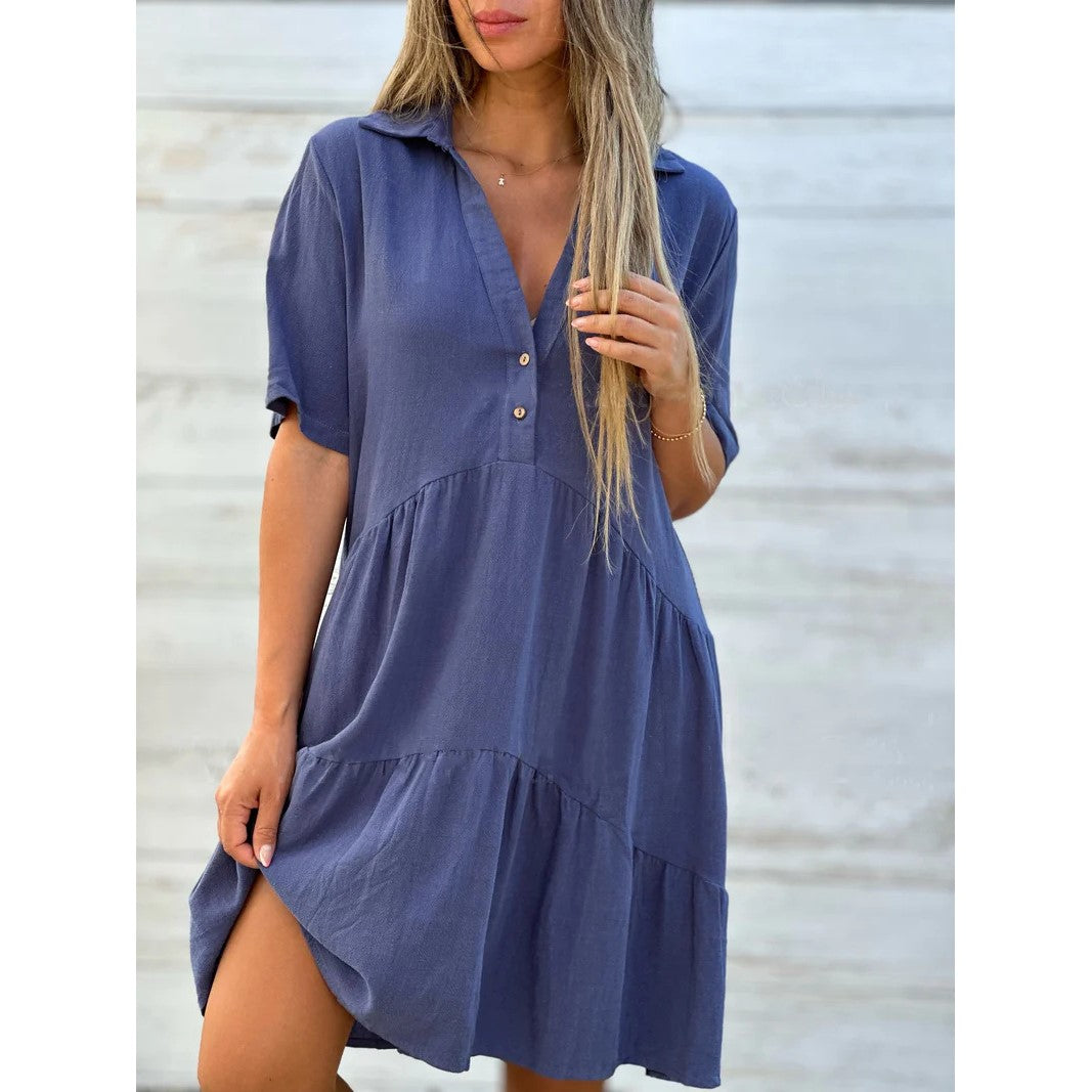 🌿Solid Color Cotton-linen Comfort Lapel Button Dress