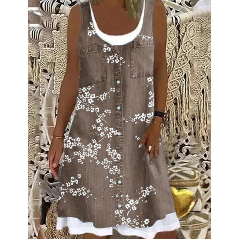 Women's Faux Two-Piece Denim Print Dress