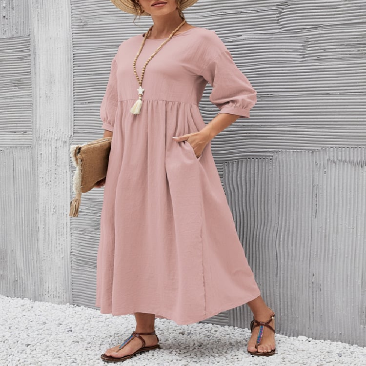 Women's Lantern Sleeve Cotton And Linen Summer Dress