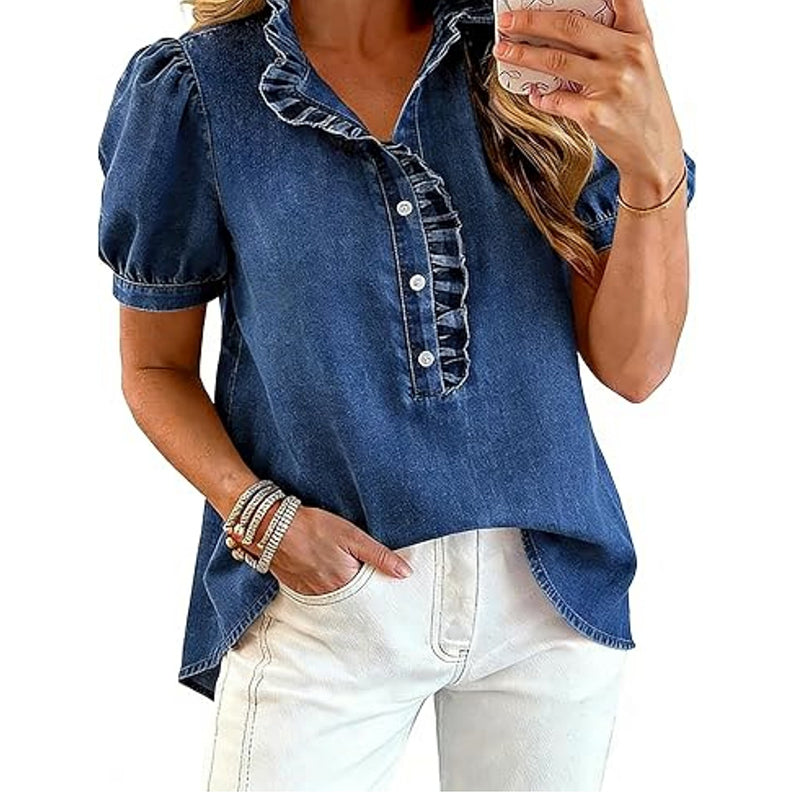 Women's Ruffle Collar Denim Top