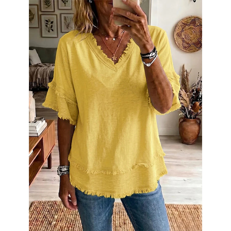 💖Women's Boho V-Neck T-Shirt with Frayed Edges 🌿 – Loose Fit, Breathable Summer Top in Soft Cotton👚