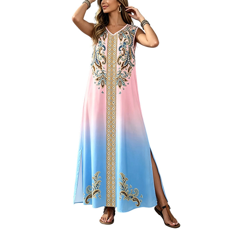 🎐 Boho Printed Flowy Maxi Dress✨ Match with woven wide-brim sun hats and flat beach sandals for relaxed resort boho styling! ✨