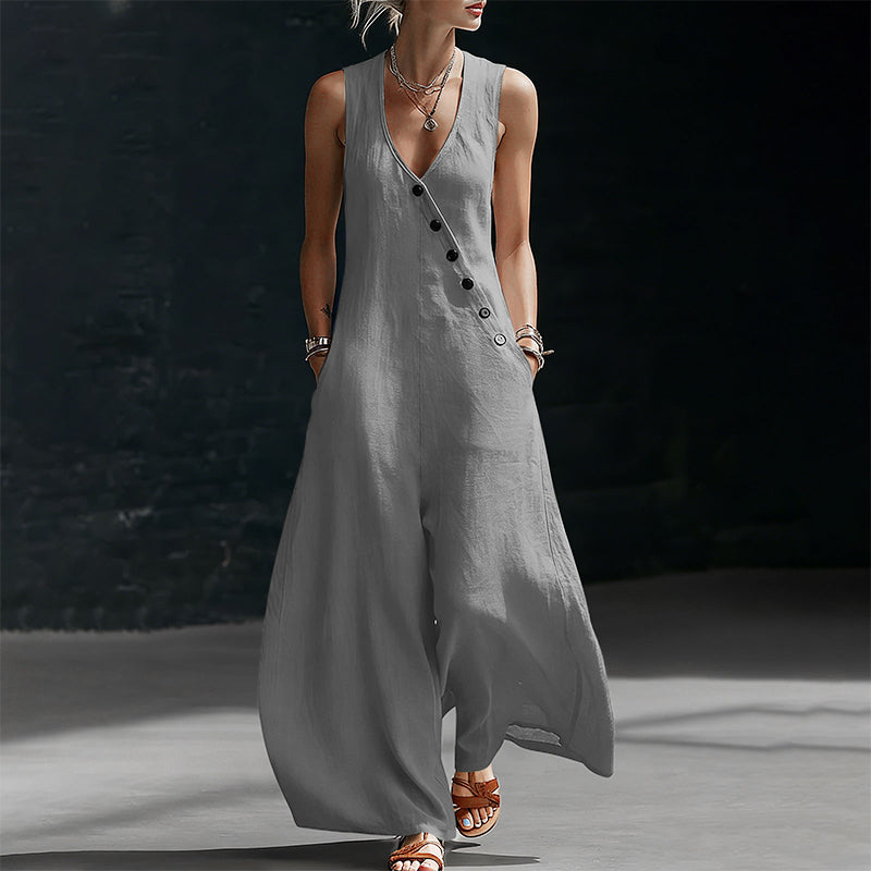Women's Sleeveless V-Neck Jumpsuit with Pockets