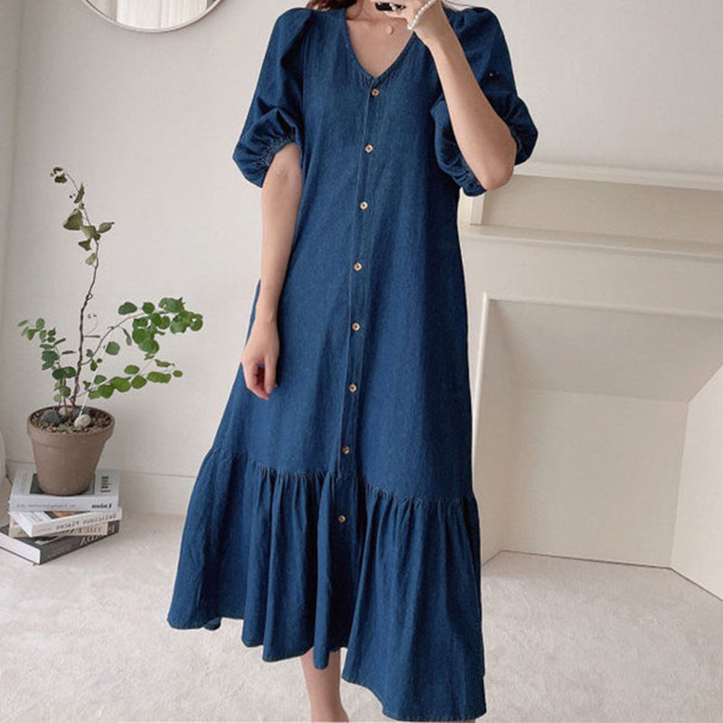Women's V-Neck Single-Breasted Short-Sleeved Dress