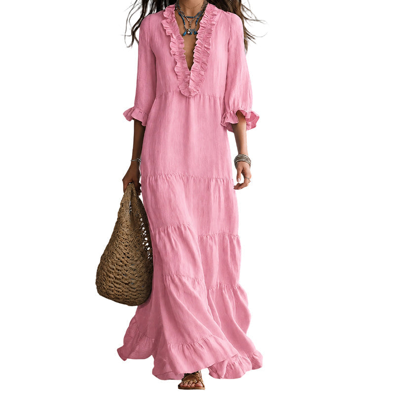 ⏰ Women Ruffle V-Neck Tiered Maxi Dress – Breezy Comfort & Feminine Charm 🌸