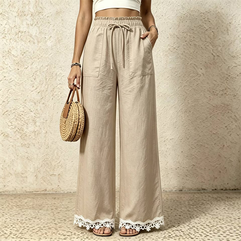 🌿Women's Wide Leg Linen Pants with Lace Hem