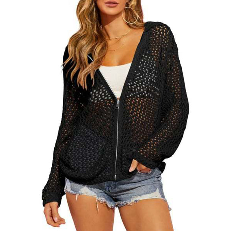 ๐ธโ๏ธ 2026 Women's Open-Knit Zip-Up Cardigan | Lightweight Hollow-Out Long Sleeve Sweater for Spring & Summer
