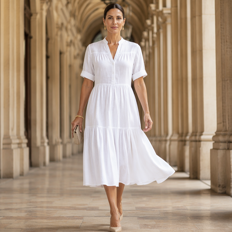 Women's V-Neck Button-Down Tiered Midi Dress