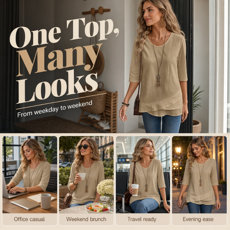 ✨🛍️Must-Have - Casual Layered Hem Top – Round Neck & Flattering Drape for Any Occasion