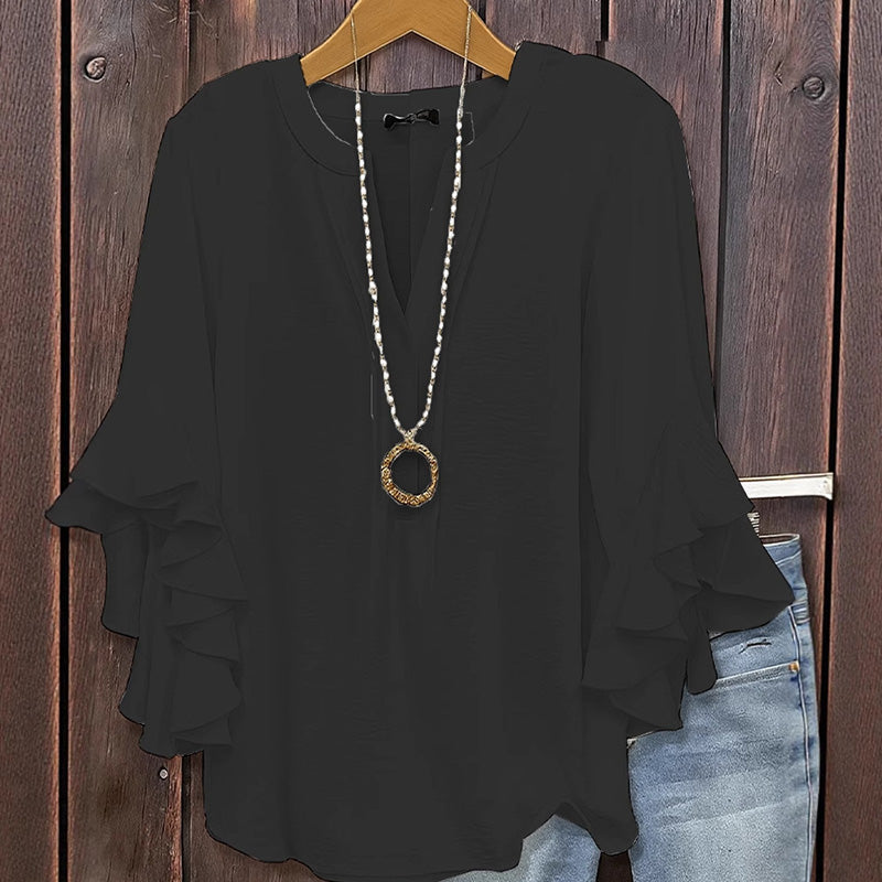 Women's Ruffle Sleeve Notch V-Neck Top
