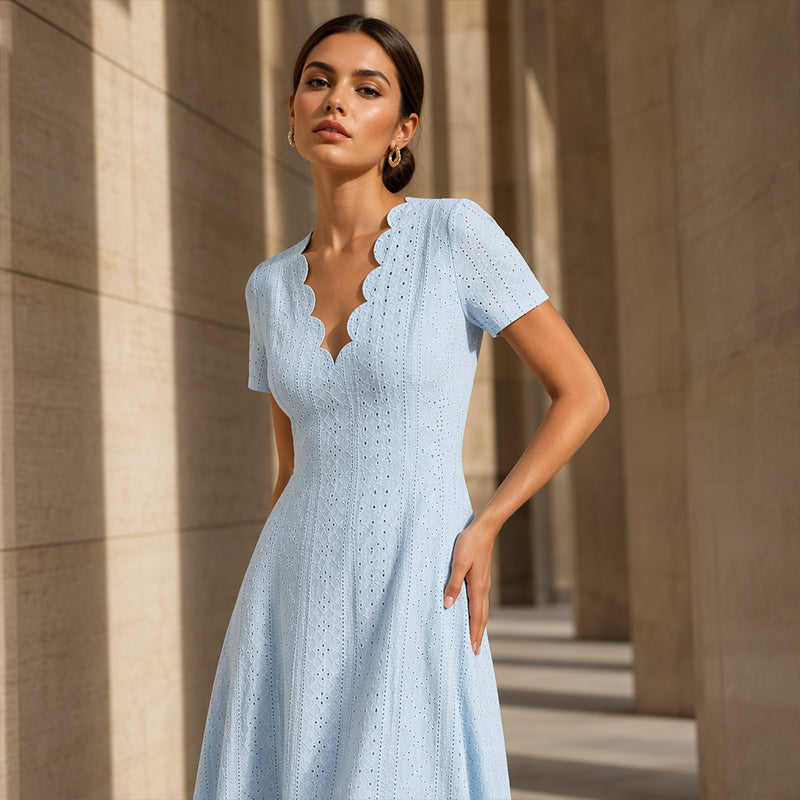 ๐Top Pick - V-Neck Eyelet Dress with Scallop Trim โ Lightweight & Romantic for Garden Parties or Brunch ๐ฟ