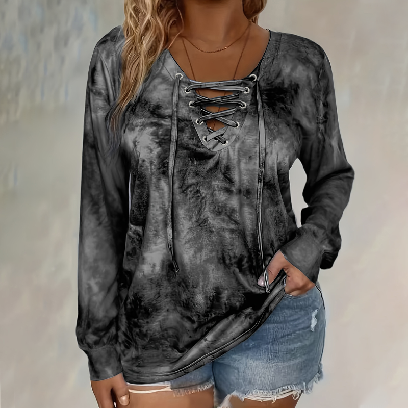 โ๏ธ๐New Arrivals - V-Neck Tie-Dye Top with Lace-Up Detail โ Soft Drape & Versatile Style for Any Casual Day