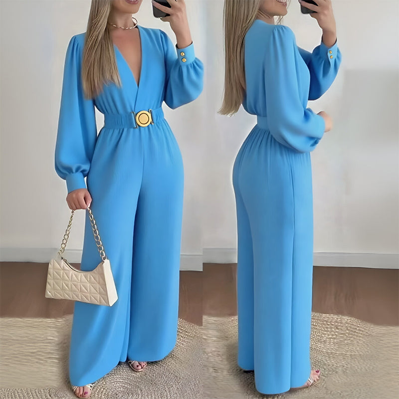 ⌛Limited-Time Discount-Elegant V-Neck Wide-Leg Jumpsuit with Belt