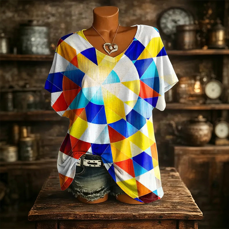 👚New Arrivals - Cooling Fabric V-Neck Top with Artistic Print – Wrinkle-Resistant & Soft Touch for All-Day Wear