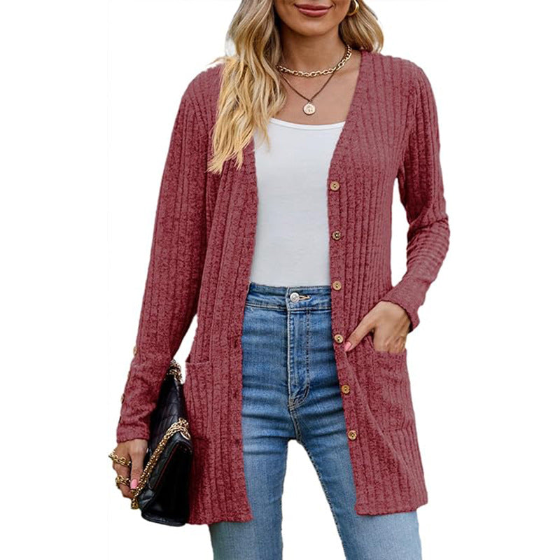 Mid-Length Knit Cardigan With Pockets