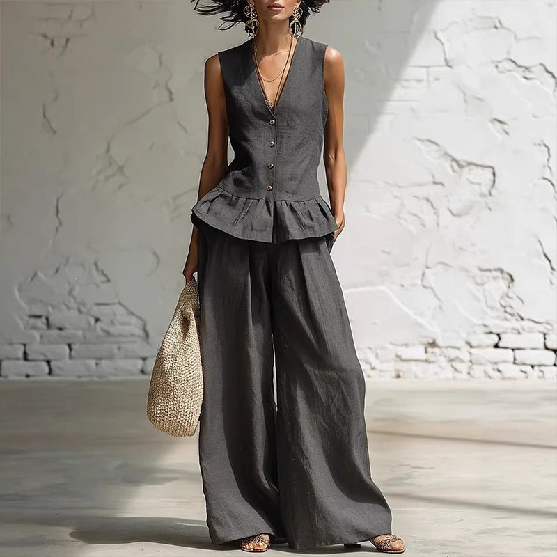 Women's Peplum Top & Wide-Leg Pants Set