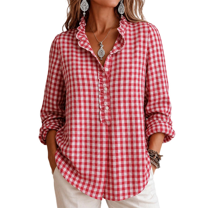 Women's Gingham Ruffle Casual Long Sleeve Shirt