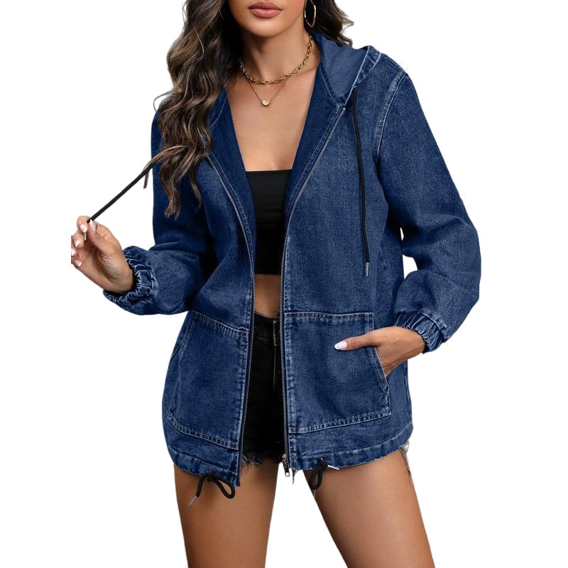 ๐ Women's Casual Zip-Up Hooded Denim Jacket โ Relaxed Fit & Adjustable Waist โจ