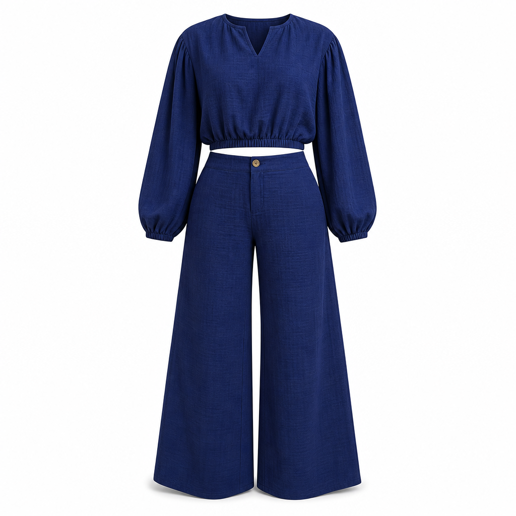 Women's Casual V-Neck Lantern Sleeve Crop Top & High Waist Wide Leg Pants Set