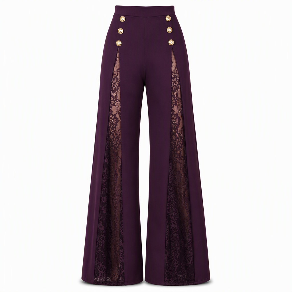 ๐Black Friday Mega Deal โ 50% off!๐ Women's High Waisted Lace Spliced Wide Leg Trousers with Decorative Gold Buttons