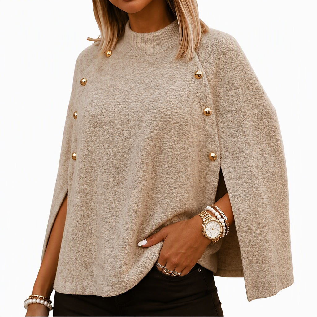 Women's Buttoned Knit Cape Poncho Sweater