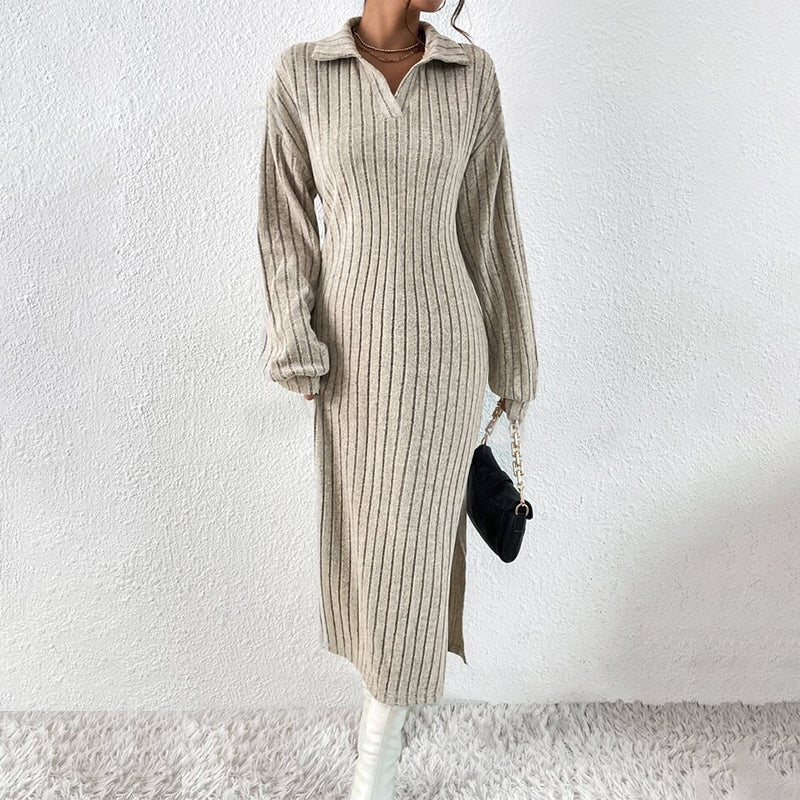 Women's Ribbed Knit Collared Slit Maxi Dress
