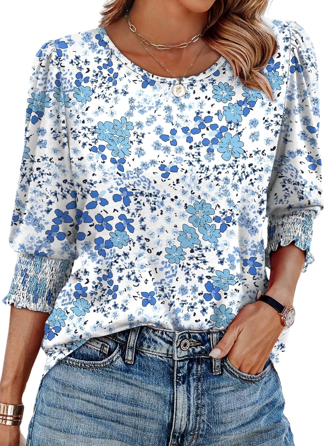 ⏰Limited Time Sale-50% OFF🏖️Womens 3/4 Sleeve T-Shirts Cute Crewneck Tees Blouses
