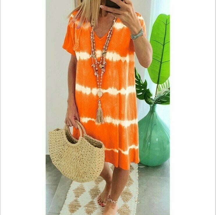 👗 50% OFF NOW! 🌈 Tie-Dye Striped Short Sleeve T-Shirt Dress – Soft & flowy – Perfect for summer, beach or casual days – comfortable and stylish 🌊✨