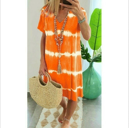 👗 50% OFF NOW! 🌈 Tie-Dye Striped Short Sleeve T-Shirt Dress – Soft & flowy – Perfect for summer, beach or casual days – comfortable and stylish 🌊✨