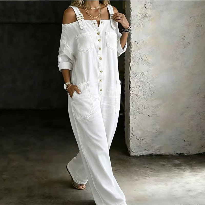 Limited-time offer-Loose Fit Wide-Leg Overall Jumpsuit with Pockets