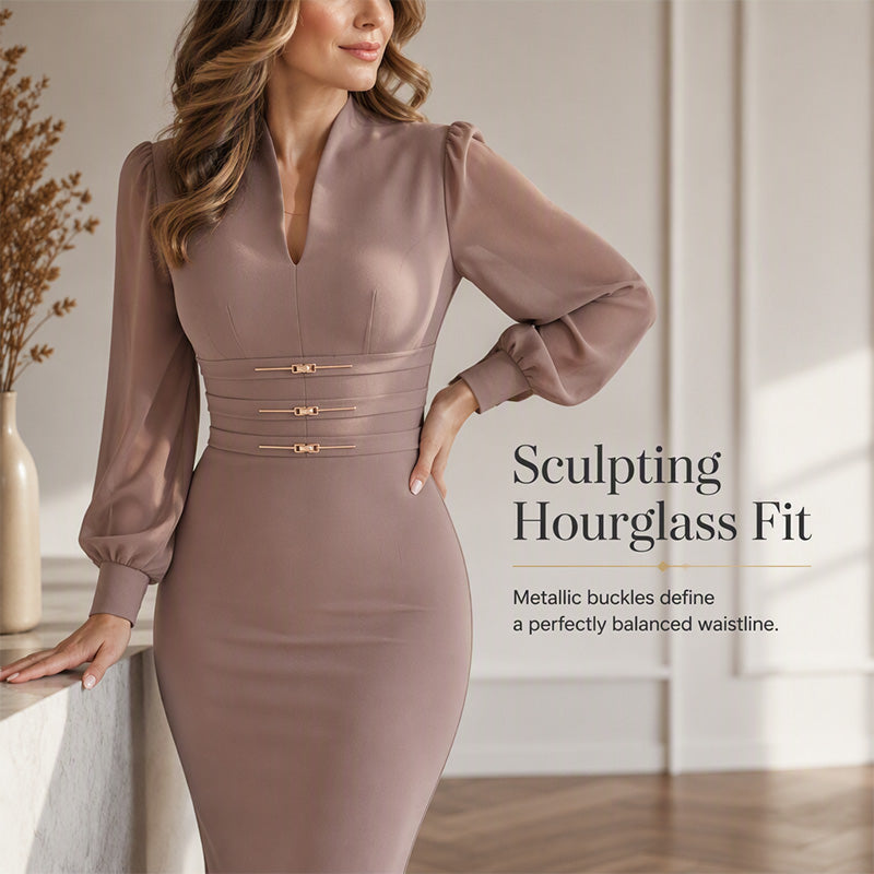 Women's Elegant V-Neck Bishop-Sleeve Bodycon Dress