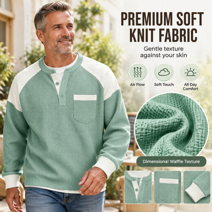 Men’s casual Henley top with a color-block design and waffle-knit texture