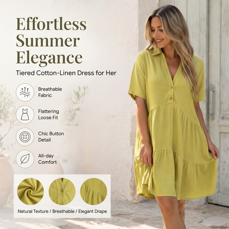 🌿Solid Color Cotton-linen Comfort Lapel Button Dress