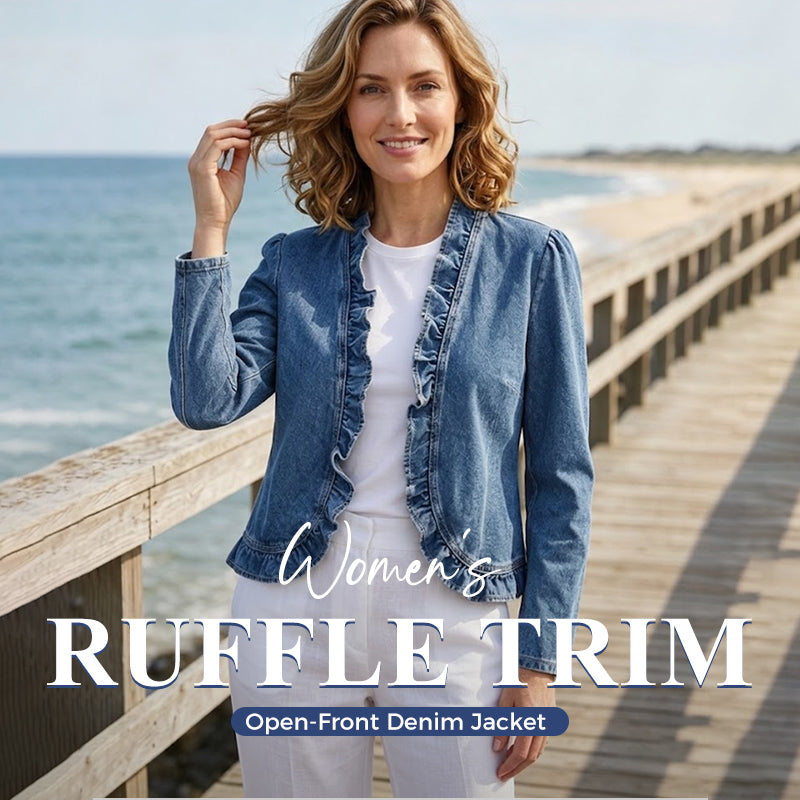 🥳2026 HOT SALE🥳💞50K+ SOLD!👵☀️ 50% OFF! Open-Front Denim Jacket – No buttons, easy on/off. Flattering ruffle trim, breathable fabric. Classic blue wash. A versatile wardrobe staple. 🌿✅