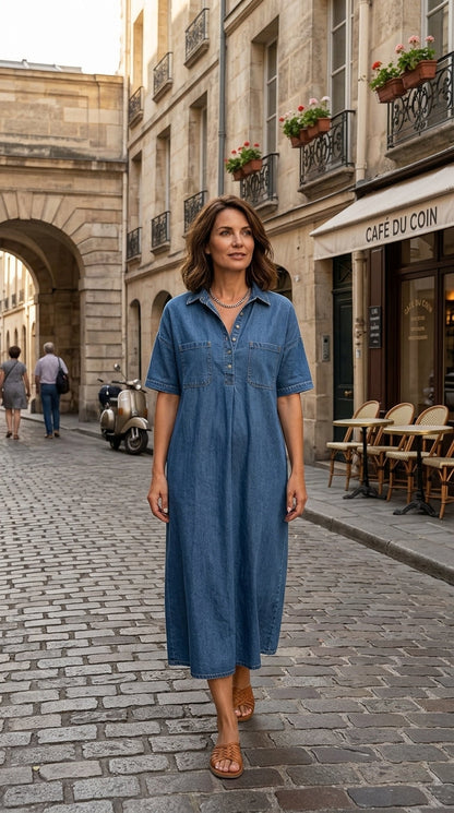 👗 50% OFF NOW! 👖 Casual Pocket Denim Midi Shirt Dress – Soft denim & relaxed fit – Functional pockets, perfect for everyday casual – comfortable and versatile ✨🌸