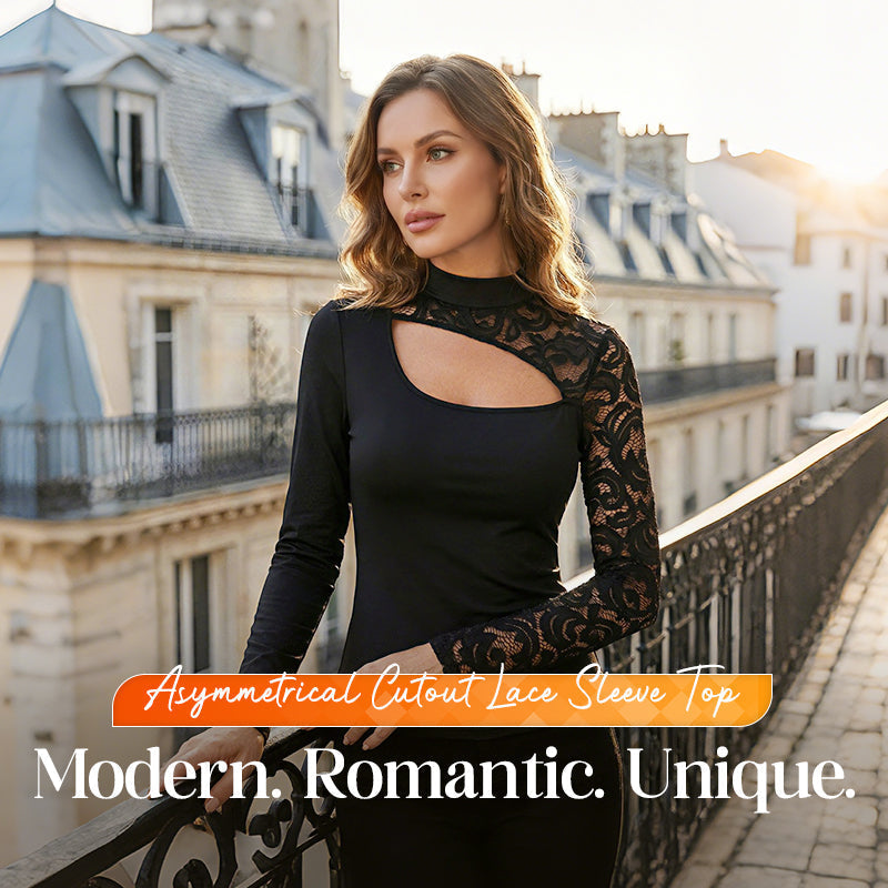 ⏳⏰Women's Asymmetrical Cutout Lace Sleeve Top