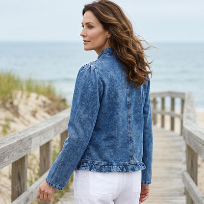 🥳2026 HOT SALE🥳💞50K+ SOLD!👵☀️ 50% OFF! Open-Front Denim Jacket – No buttons, easy on/off. Flattering ruffle trim, breathable fabric. Classic blue wash. A versatile wardrobe staple. 🌿✅