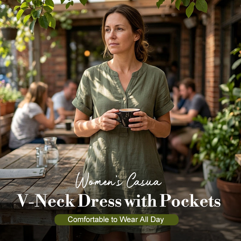 🏖️ LIMITED-TIME 50% OFF! 👗Women's V-Neck Tunic Dress – Relaxed Fit, Pockets & Breathable