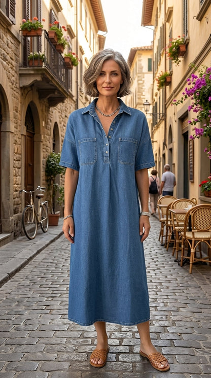 👗 50% OFF NOW! 👖 Casual Pocket Denim Midi Shirt Dress – Soft denim & relaxed fit – Functional pockets, perfect for everyday casual – comfortable and versatile ✨🌸