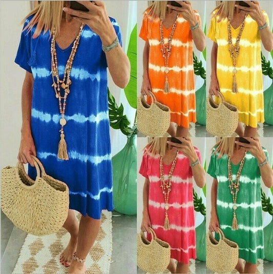 👗 50% OFF NOW! 🌈 Tie-Dye Striped Short Sleeve T-Shirt Dress – Soft & flowy – Perfect for summer, beach or casual days – comfortable and stylish 🌊✨