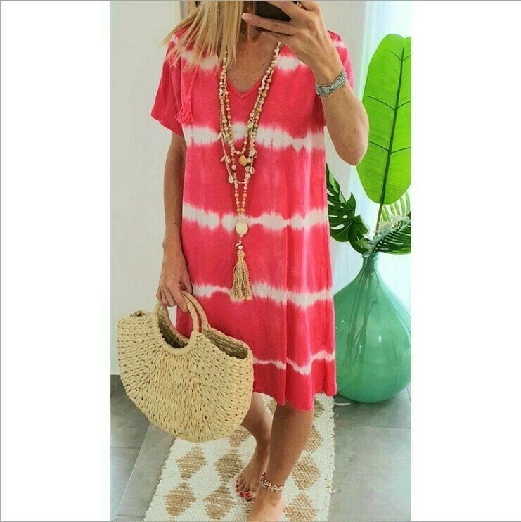 👗 50% OFF NOW! 🌈 Tie-Dye Striped Short Sleeve T-Shirt Dress – Soft & flowy – Perfect for summer, beach or casual days – comfortable and stylish 🌊✨