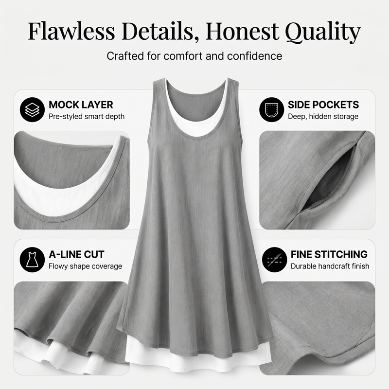 ⏰Last Day Sale 50% Off💃Women's Casual Loose Sleeveless Fake Two Piece Tank Dress