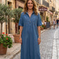 Casual Pocket Denim Midi Shirt Dress