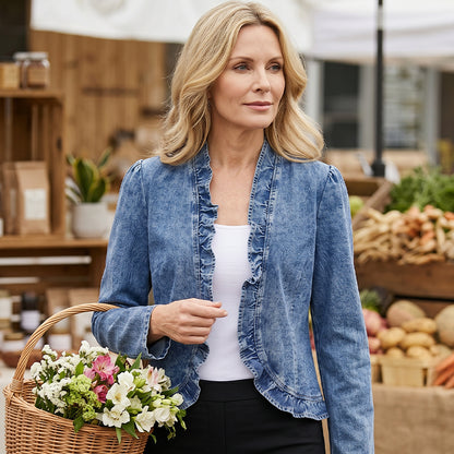 🥳2026 HOT SALE🥳💞50K+ SOLD!👵☀️ 50% OFF! Open-Front Denim Jacket – No buttons, easy on/off. Flattering ruffle trim, breathable fabric. Classic blue wash. A versatile wardrobe staple. 🌿✅