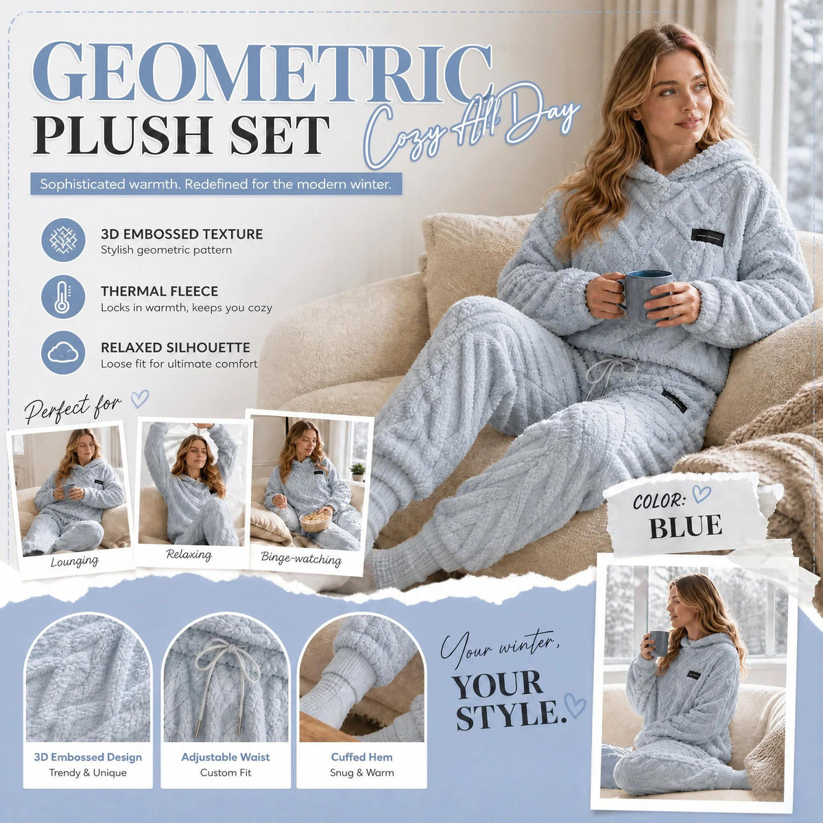 Embossed Geometric Plush Set – Warm embossed plush matching set, trendy & cozy for cold days🍂👚