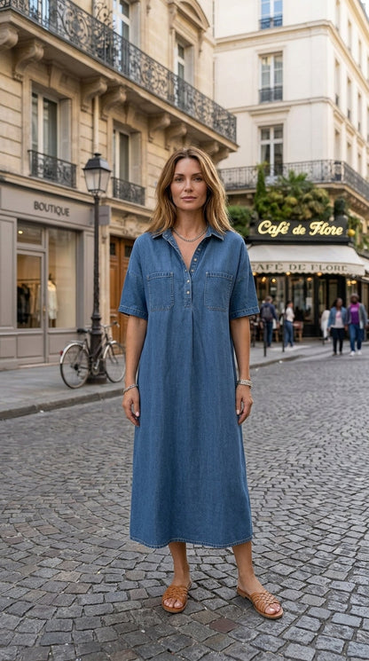 👗 50% OFF NOW! 👖 Casual Pocket Denim Midi Shirt Dress – Soft denim & relaxed fit – Functional pockets, perfect for everyday casual – comfortable and versatile ✨🌸