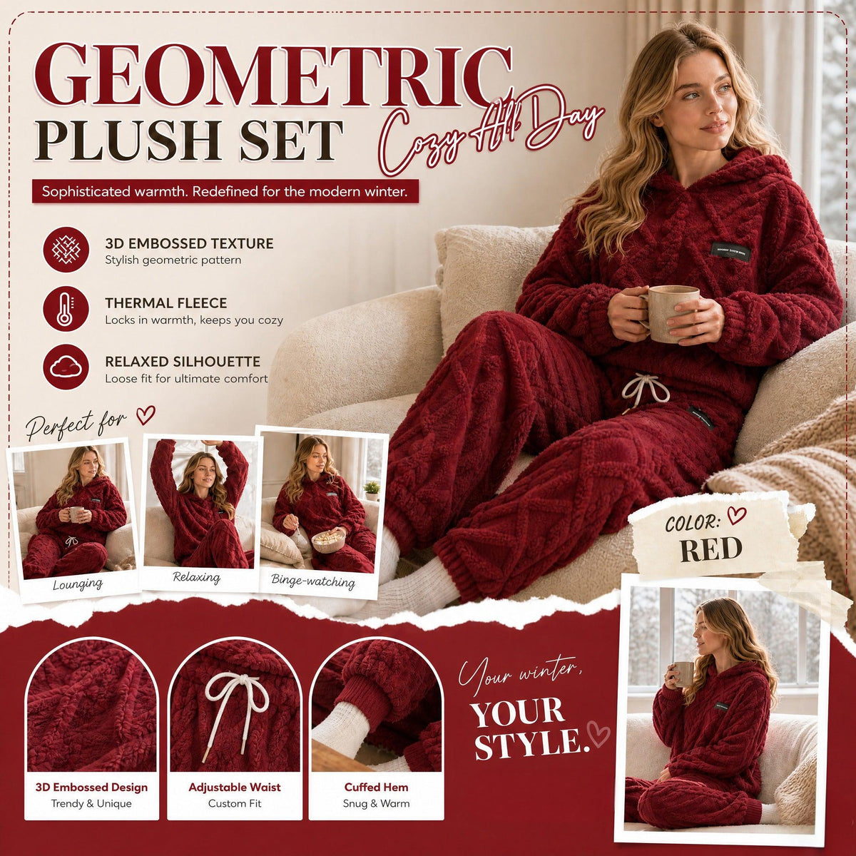 Embossed Geometric Plush Set – Warm embossed plush matching set, trendy & cozy for cold days🍂👚
